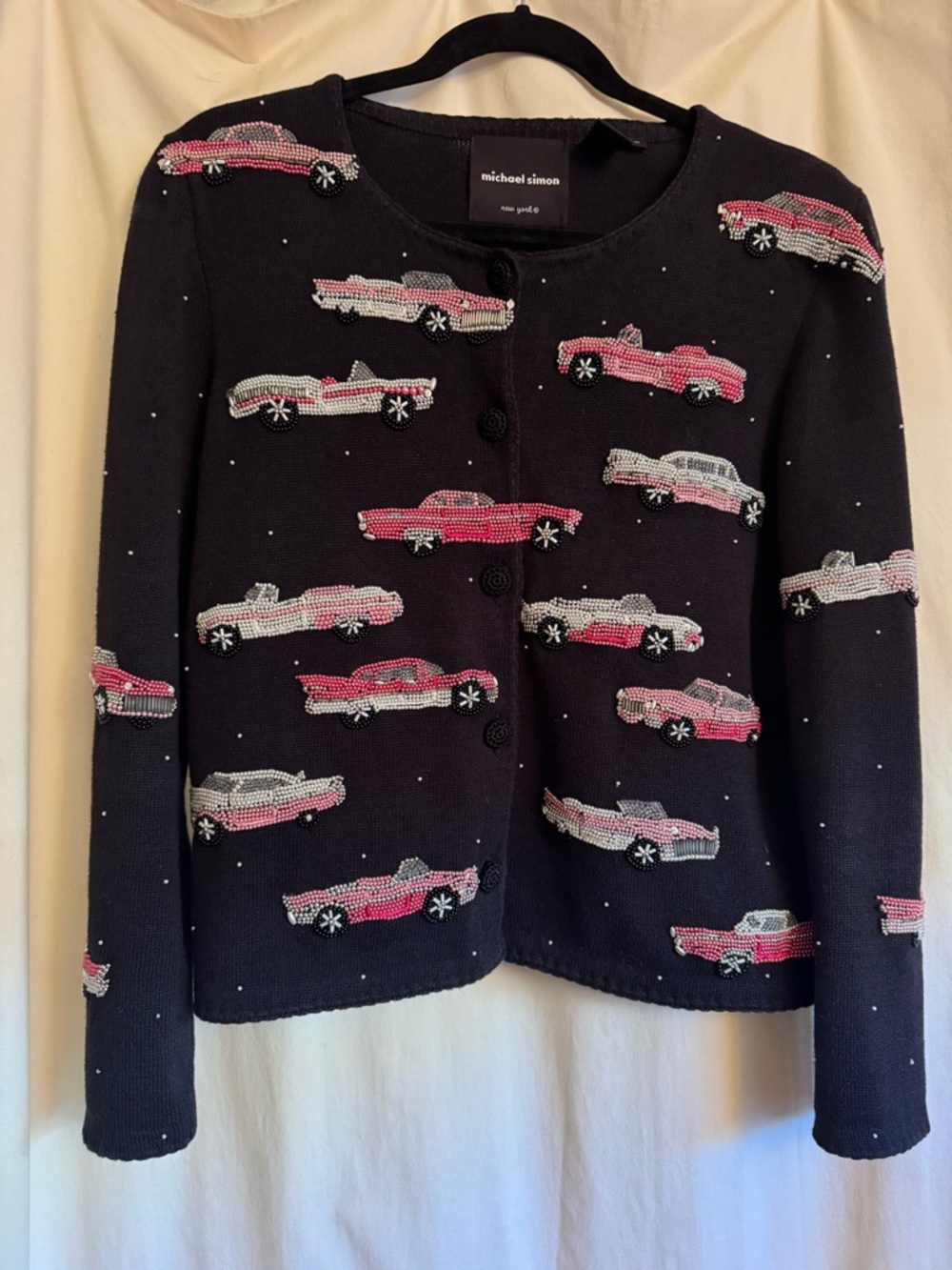 Michael Simon Black Cardigan with Pink & Silver Beaded Car Motifs